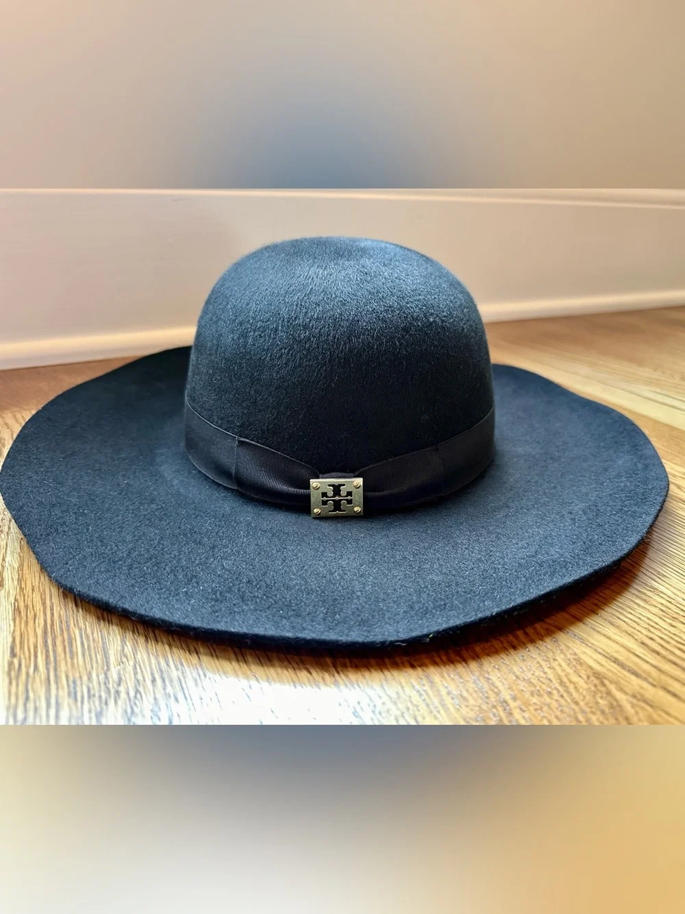 Tory Burch Black Felt Wide-Brim Hat with Gold Logo Accent